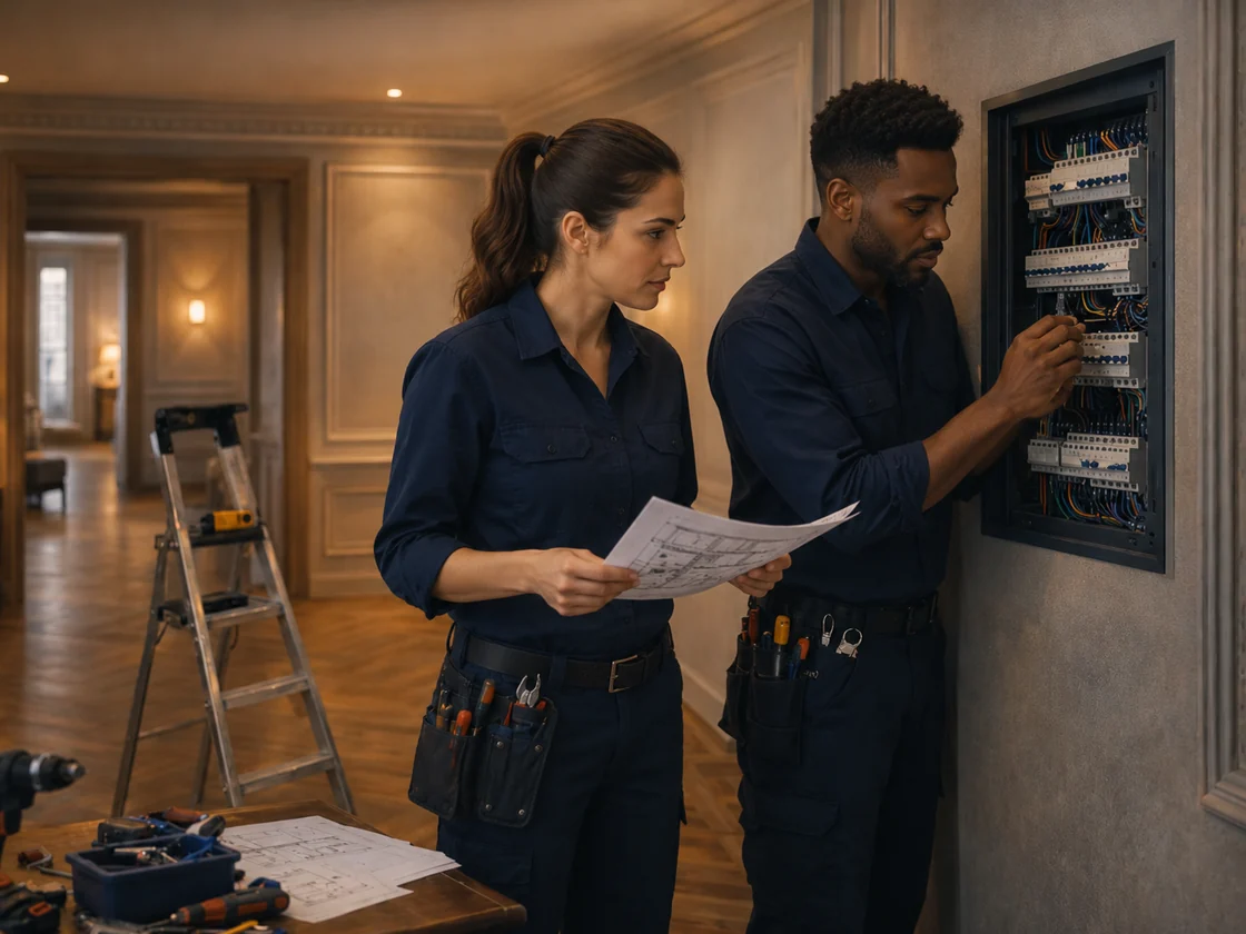 Deux electriciens Artisan Volt preparant une intervention dans un interieur premium a Versailles